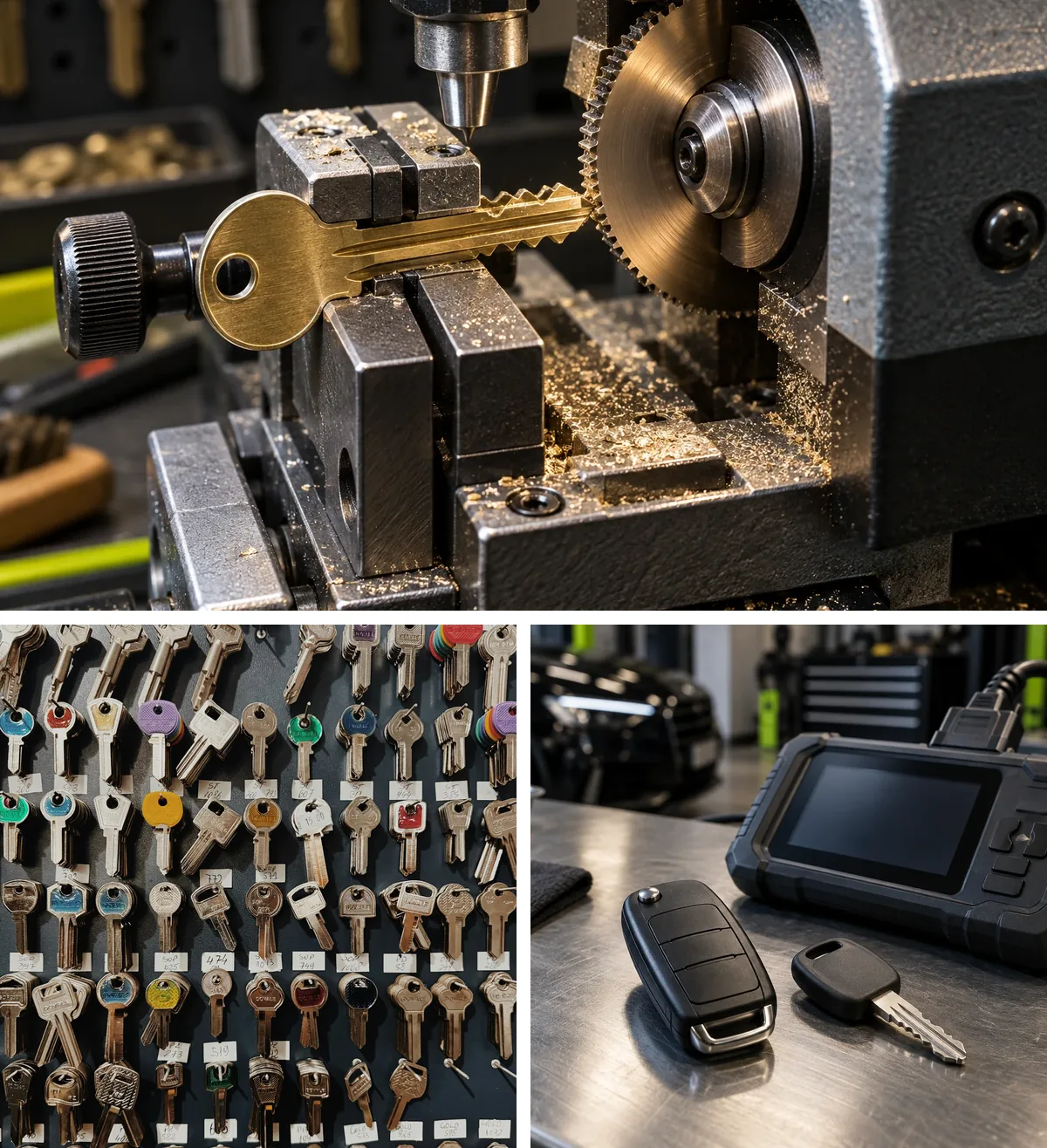 A key being cut on a key-cutting machine, a wall of keys and a car key diagnostic tool