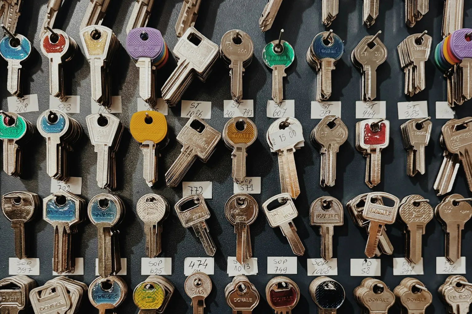 A wall of key blanks in a locksmith shop