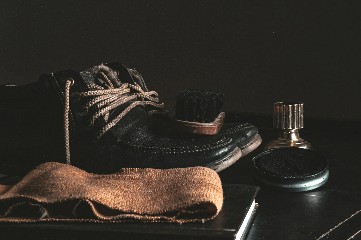 Leather shoes with polish, brushes and a cloth