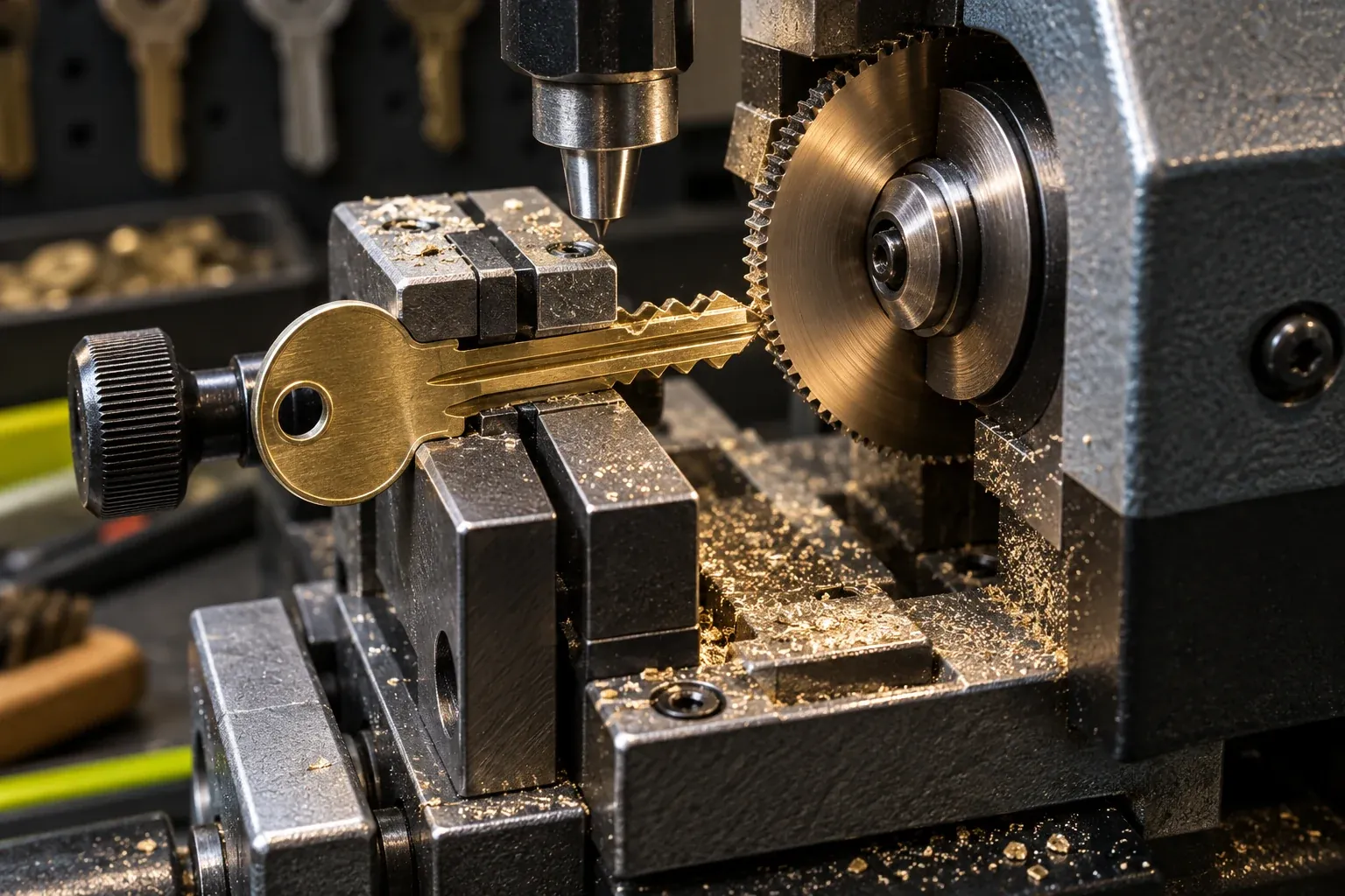 A key being cut on a professional key-cutting machine